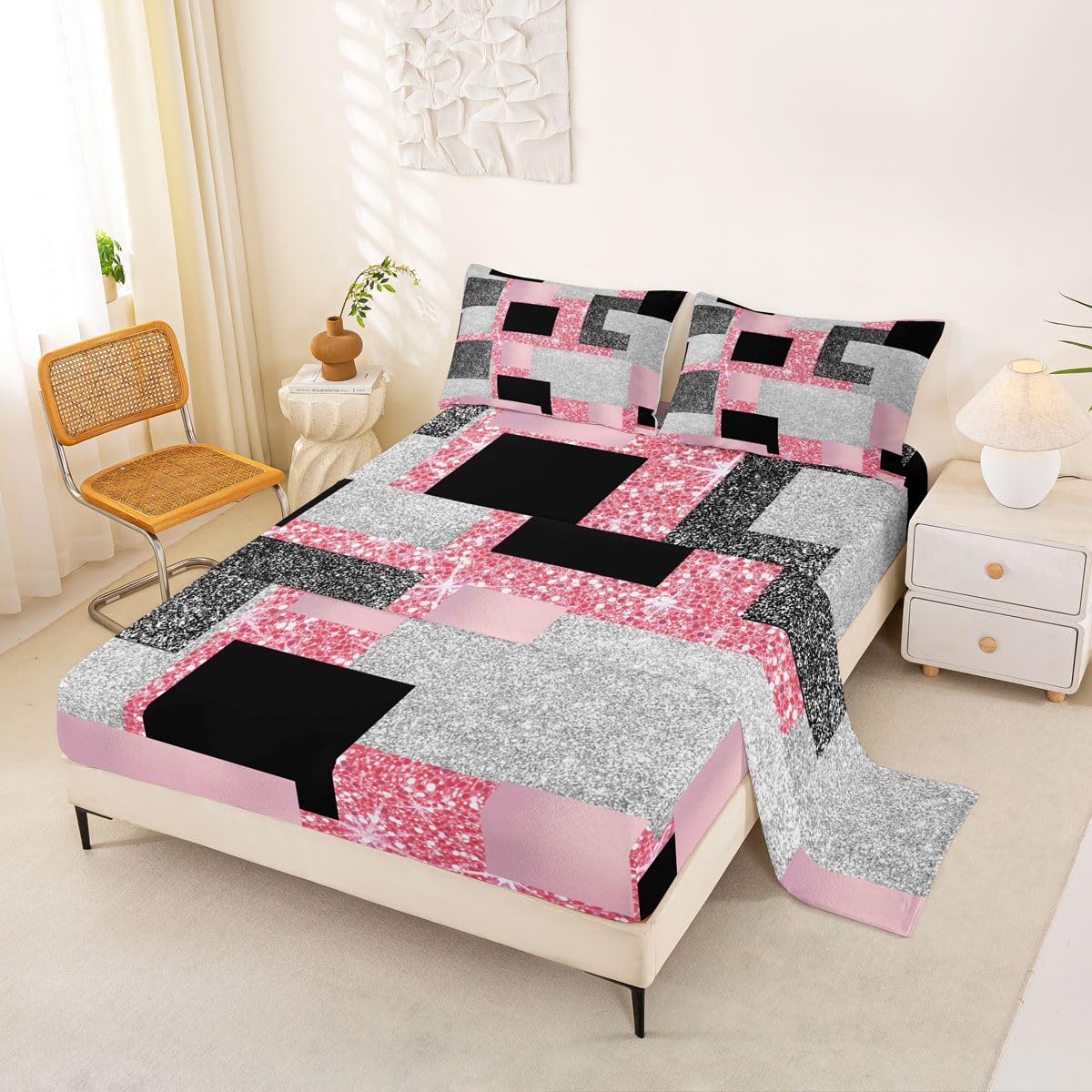 Feelyou Modern Abstract Bed Sheets Set Queen Size Geometric Aesthetic Deep Pocket Fitted Sheet Red Glitter Bedding Sets Soft Bed Set 4Pcs with 2 Pillow Cases