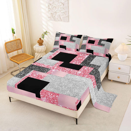 Feelyou Modern Abstract Bed Sheets Set Queen Size Geometric Aesthetic Deep Pocket Fitted Sheet Red Glitter Bedding Sets Soft Bed Set 4Pcs with 2 Pillow Cases