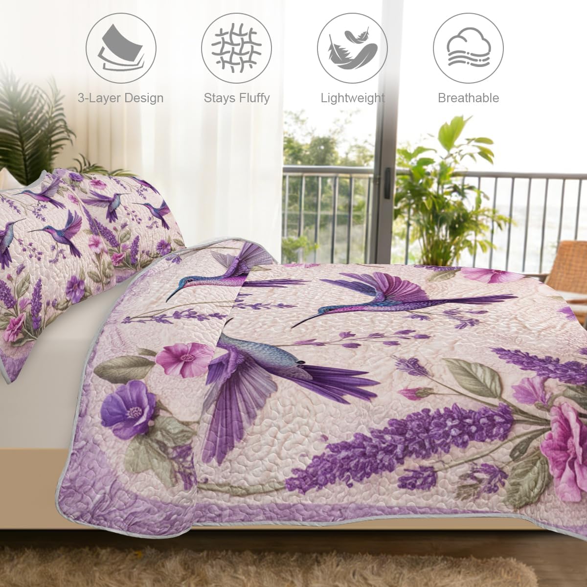 ARIGHTEX Flower Bird Quilt Set Queen Size Lavender Hummingbird Floral Bedding Set Lightweight Botanical Quilt Soft Microfiber Bedspread Coverlet Spring Bedding Set with Matching Pillow Shams