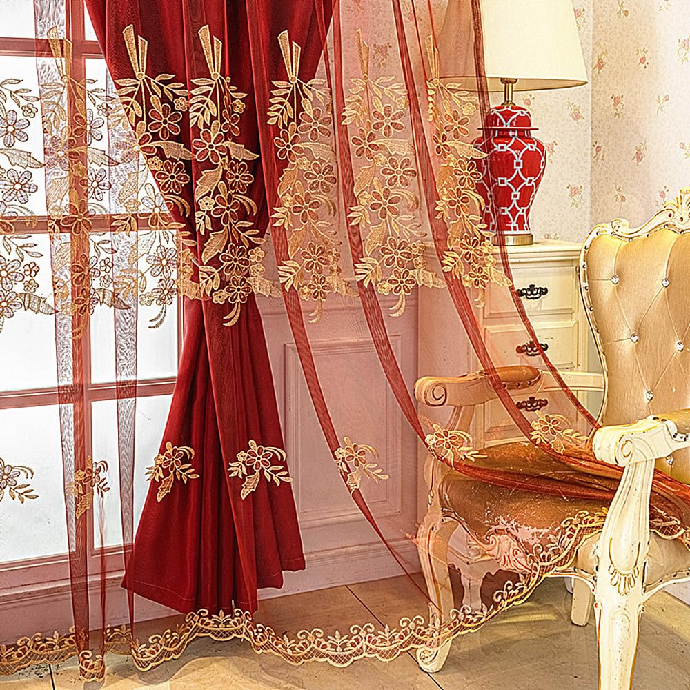 Amidoudou 1 Pair European Double Layer Curtains with Valance for Living Room Bedroom Red Luxury Embroidered Curtains (Red,51x90 Inch)