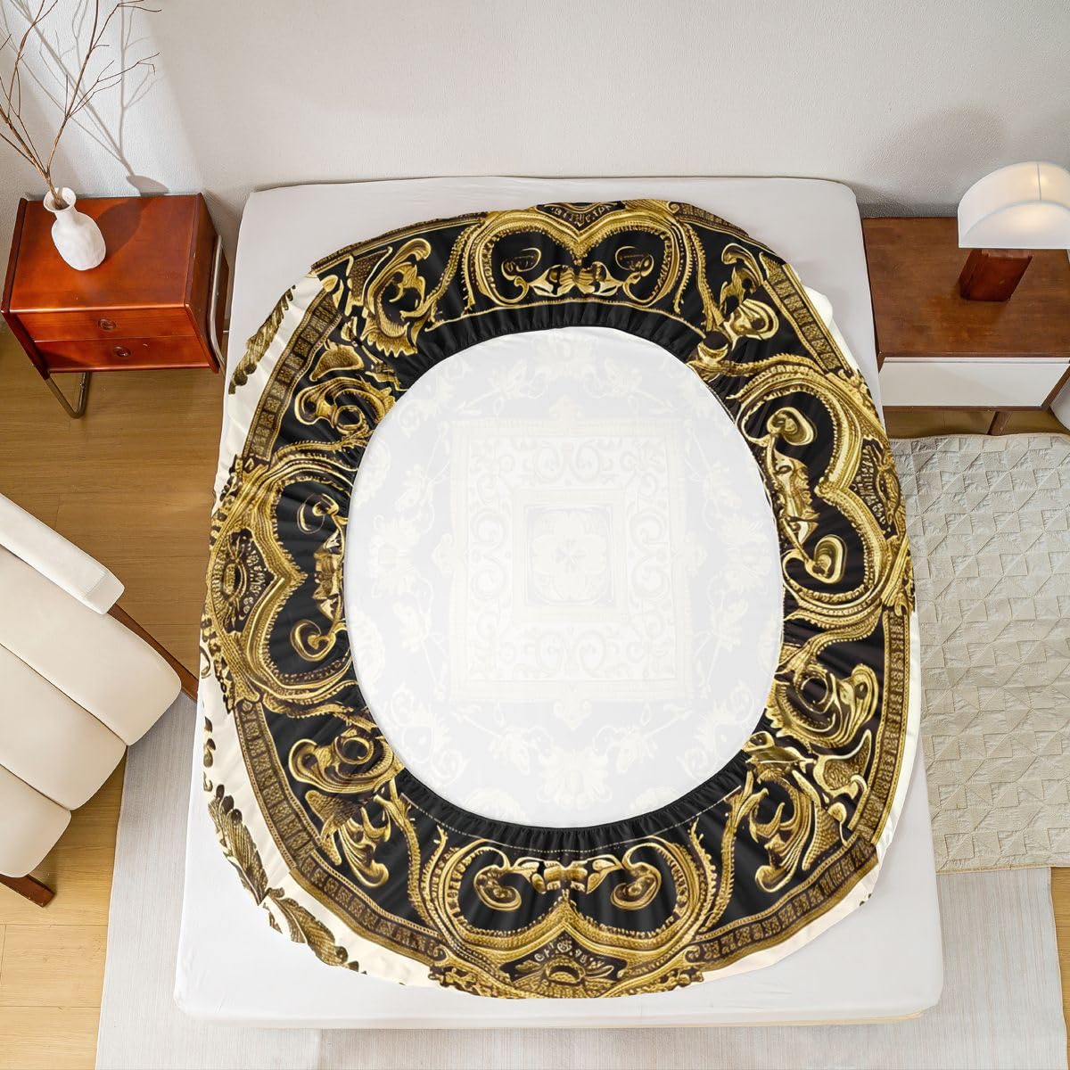 Erosebridal Boho Chic Floral Bed Sheets Set Full Hippie Paisley Sheet Set Vintage Boho Sheets Golden Black Flat Fitted Sheet