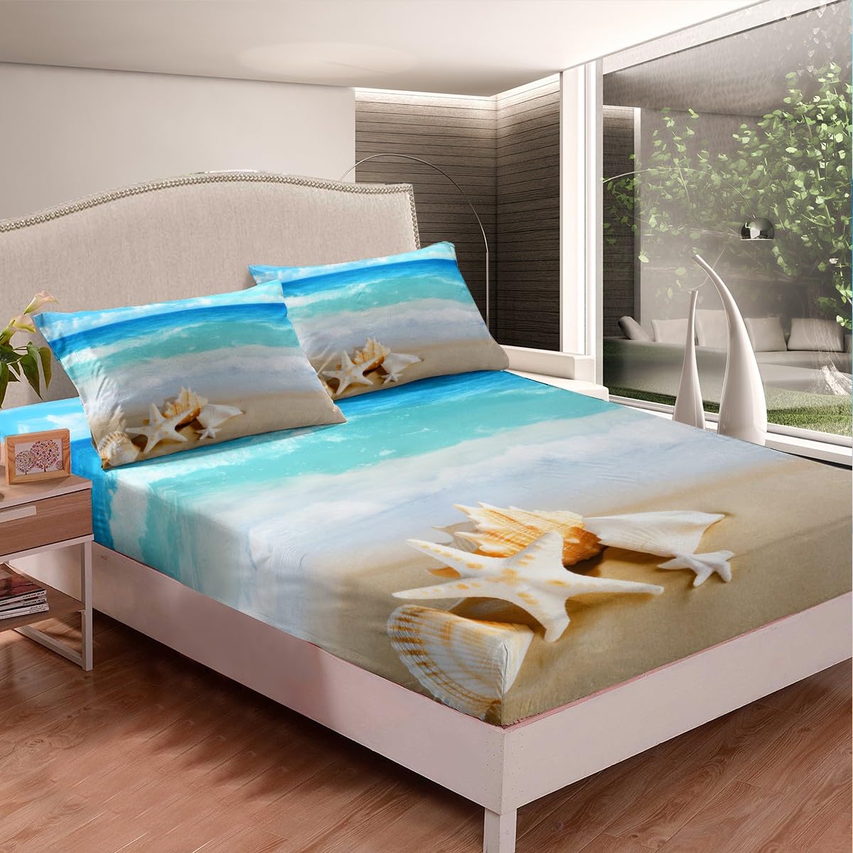 Feelyou Hawaii Beach Fitted Sheet Boys Girls Adults Ocean Wave Nautical Bedding Set Kids Starfish Shell Bed Sheet Set Summer Lightweight Bed Cover,Bedding Collection 3Pcs Sheets Full Size