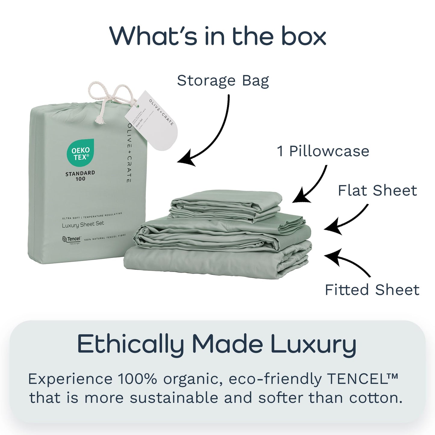 Olive + Crate Tencel Lyocell Eucalyptus Twin Sheets Set - Extra Long Sheet Set - Cooling Tencel Sheets for Hot Sleepers with 16 Inch Deep Pocket Fit - Spring Sage 3-Piece Set