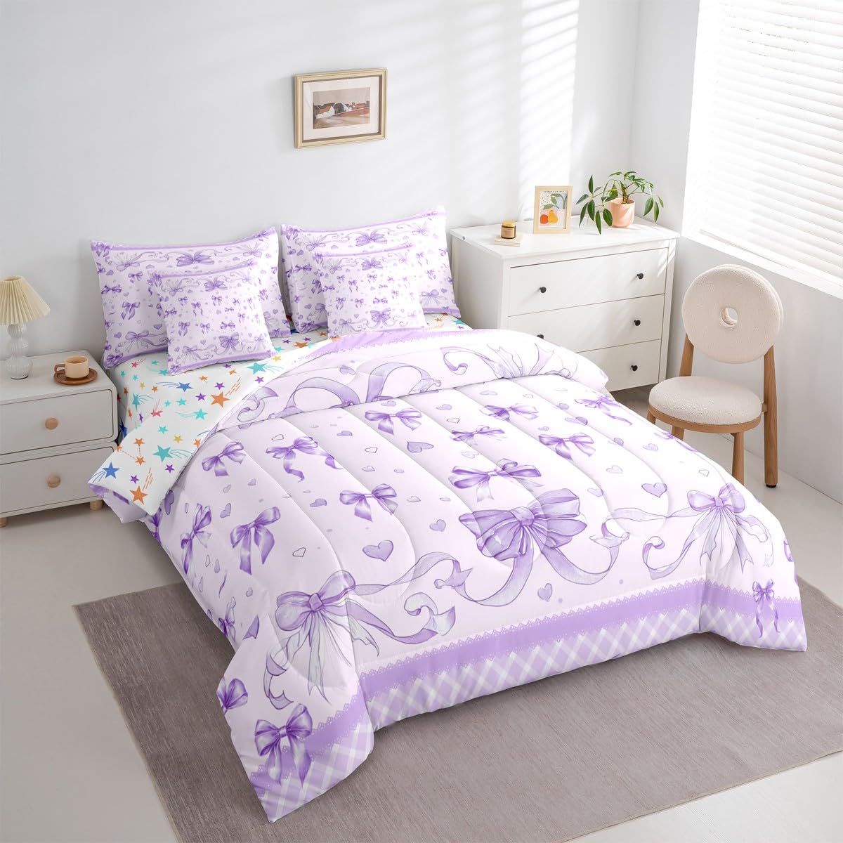 Feelyou Bowknot Comforter Set with Sheets 7 Piece Twin Size Dreamy Princess Bedding Set for Kids Boys Girls Cute Bow Bed in a Bag Love Hearts Room Decor Soft Lightweight Microfiber
