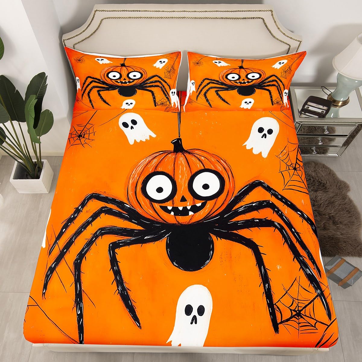 Feelyou Kids Halloween Bed Sheet Set Full Size, Spider Bedding Set Orange Pumpkin Fitted Sheet Boys Girls Horror Teens Bedroom Decor (2 Pillow Cases and a Fitted Sheet)