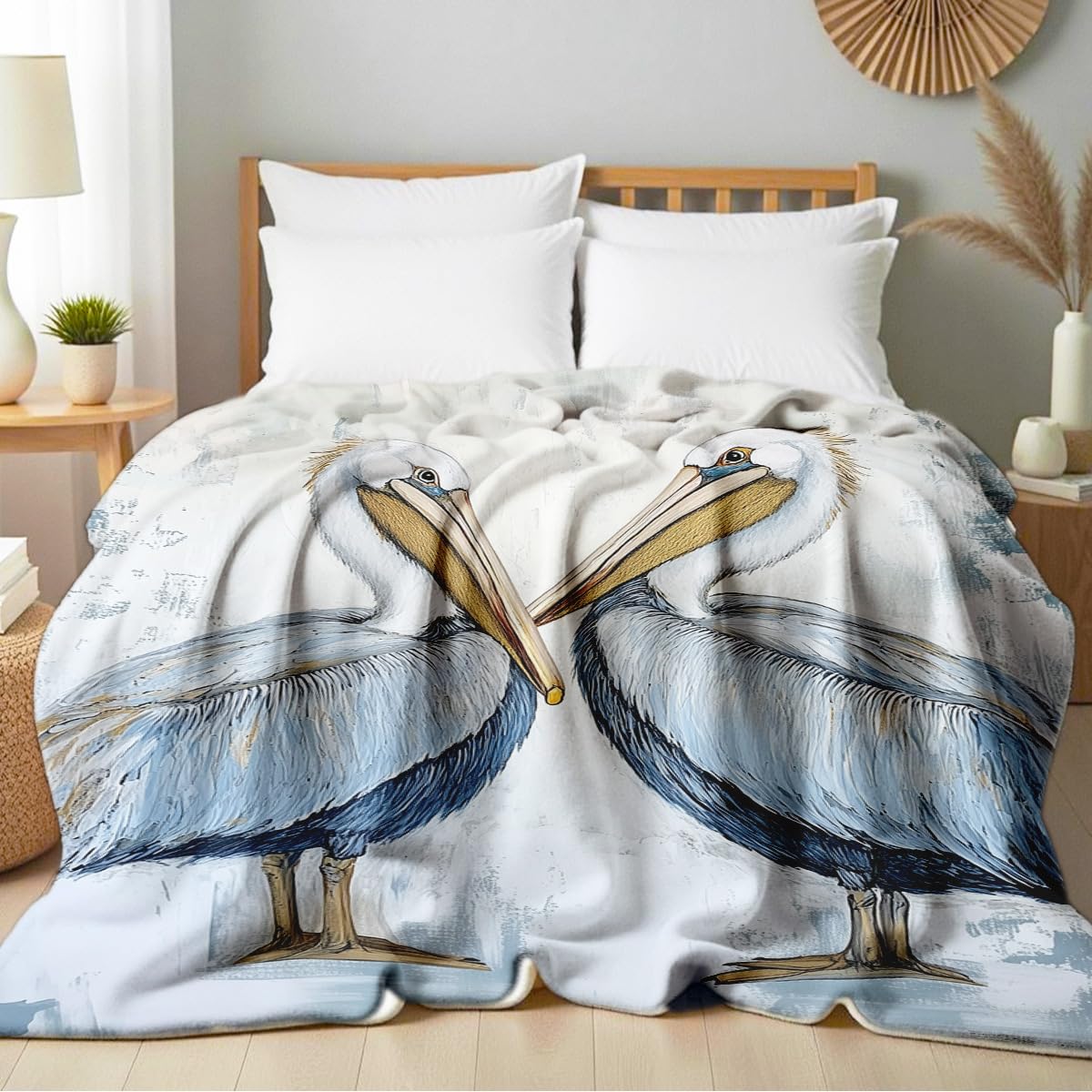 HUNXIAOJ Pelican Throw Blanket for Couch Bed Coastal Bird Print Flannel Blanket Soft Warm Beach Themed Animal Throw for Bedroom Home Decor Pelican Gifts (49"x59")