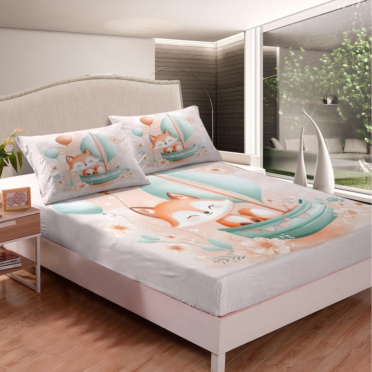 Feelyou Kids Cute Fox Fitted Sheet Full Size, Woodland Fox Bed Sheet Set Boys Girls Cartoon Animal Bedding Set Nature Wildlife Teens Bed Cover Bedroom Decor 3Pcs (No TOP Sheet)