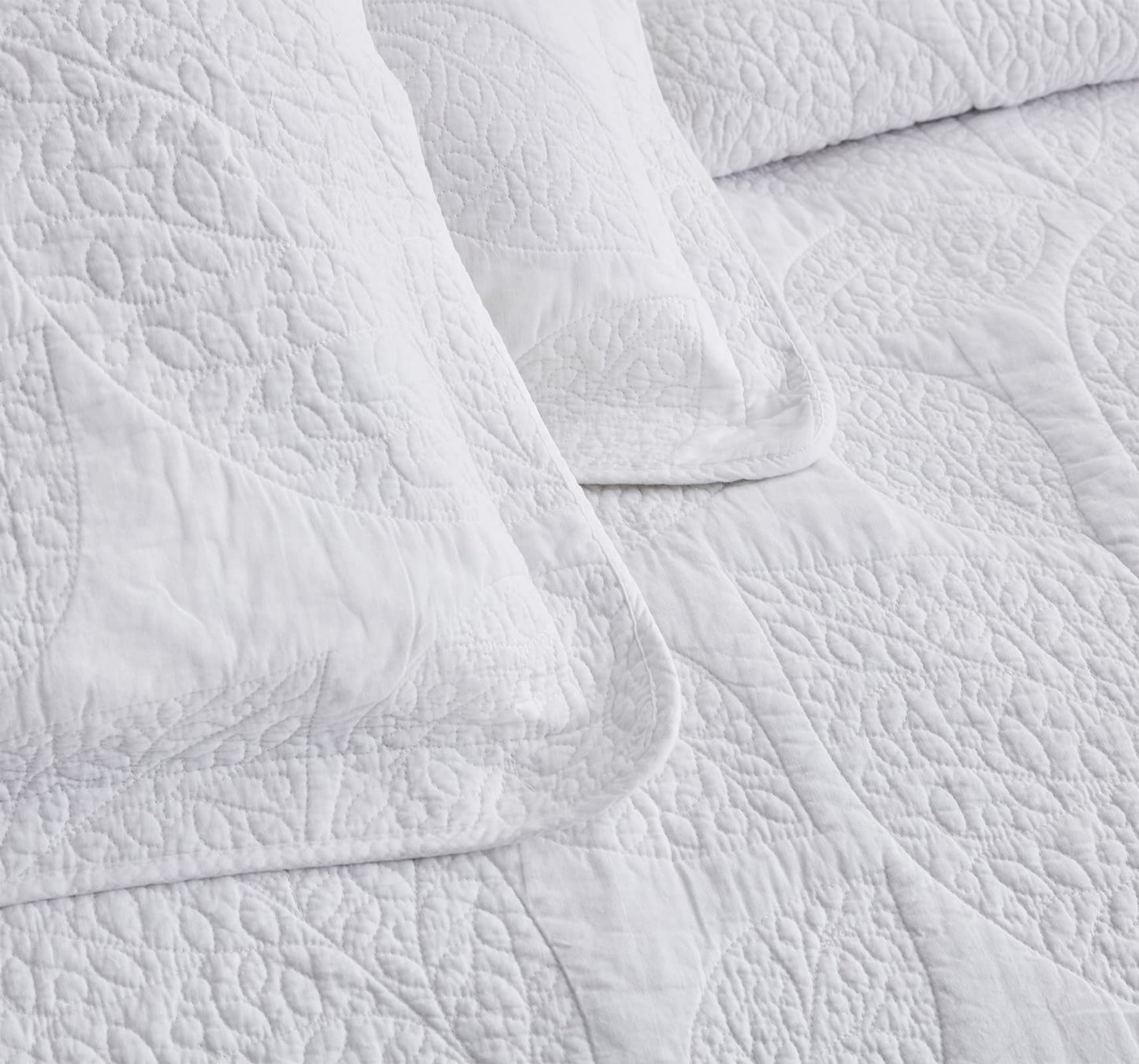 CHIXIN Botanical Cotton Quilt King Size - Real Stitching Leaf Pattern - Quilted Bedspread Coverlet Set, Ultra Soft, Lightweight, Reversible, 3 Piece, Pure White
