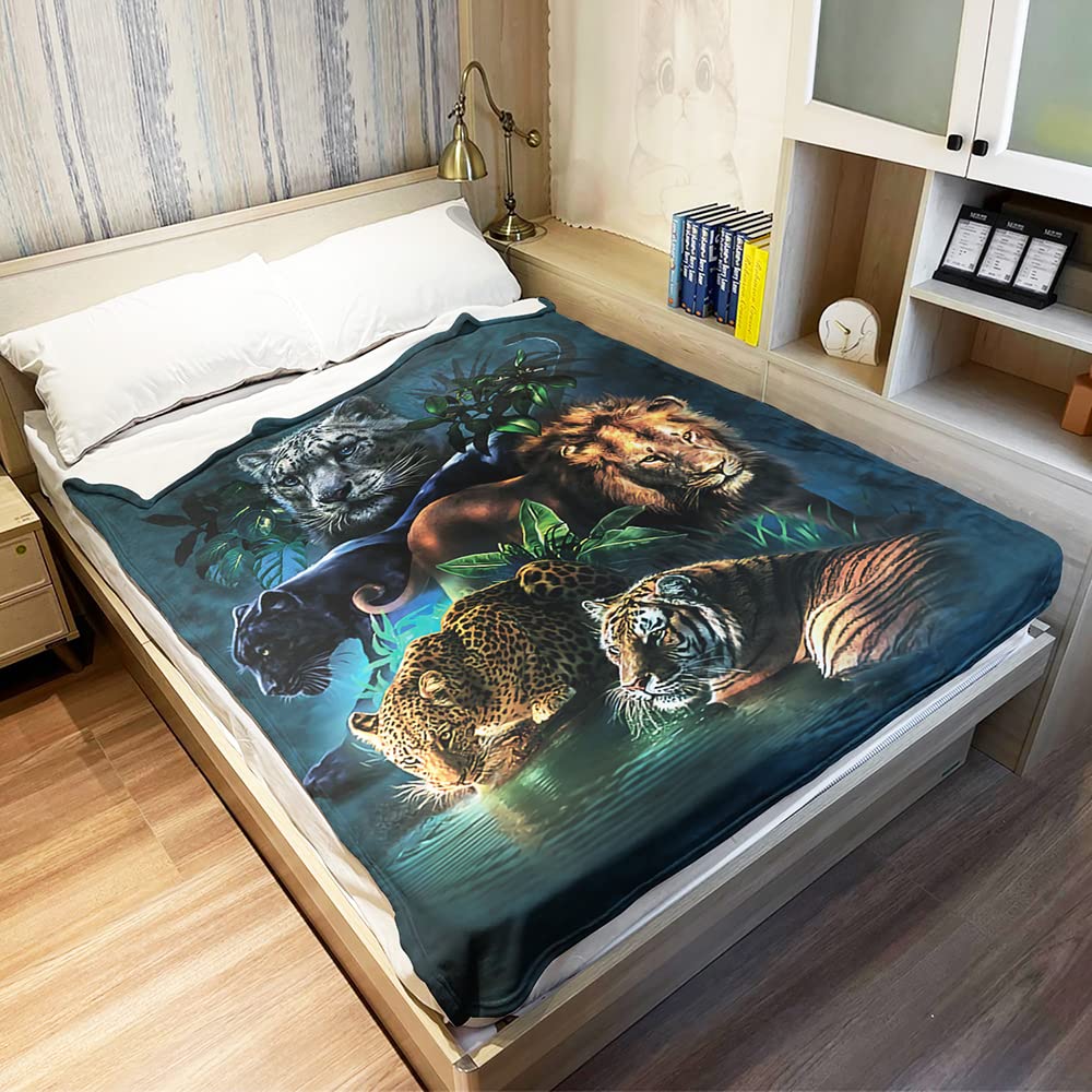 HommomH Wild Animals Blanket 50” x 80”, Big Cats Theme Tiger Leopard Lion Panther Print, Soft Cozy Fleece Throw Blankets for Couch Sofa Bed