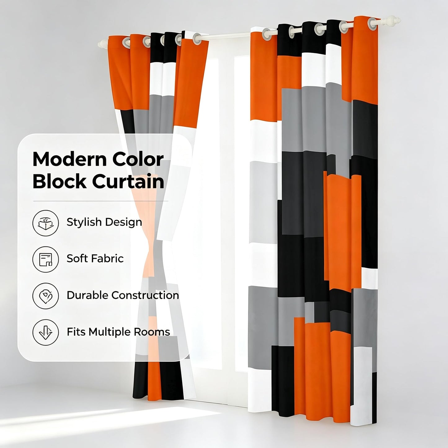 jejeloiu Geometric Curtains for Bedroom Living Room Orange Black Gray Blackout Shades Plaid Buffalo Check Room Darkening Curtain Modern Art Window Treatments, 2 Panels 52 x 63 Inch Decor