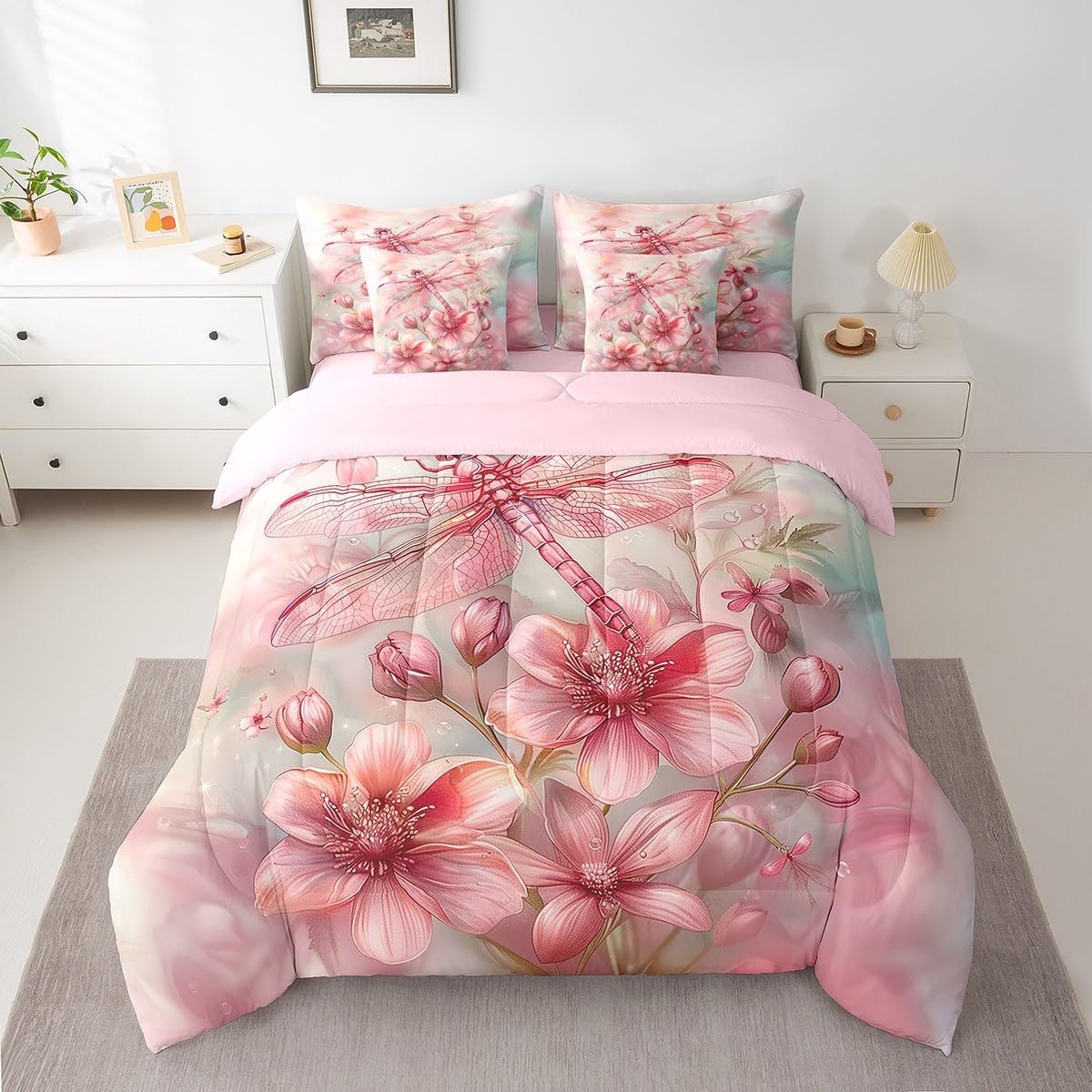 Erosebridal Pink Dragonfly Comforter Set Queen,Water Lily Floral Bedding Set 7Pcs for Kids Girls Women Lady,Dreamy Fairy Princess Style Bed in a Bag,Geometric Flying Wild Animal Quilt