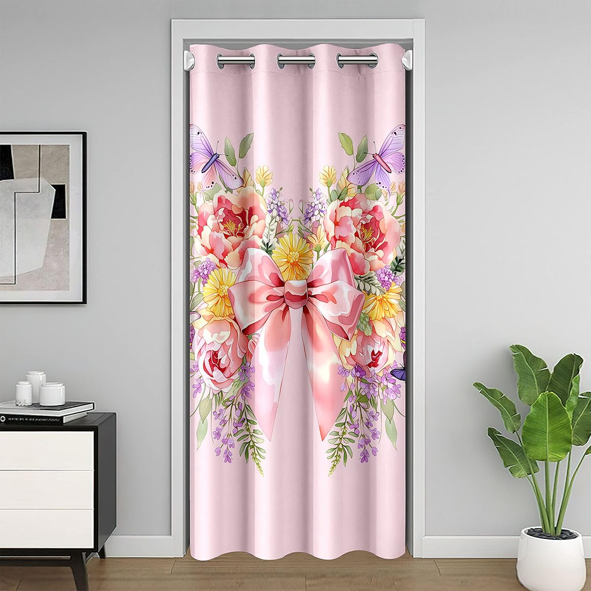 jejeloiu Bow Flower Door Curtain for Doorway Privacy Pink Bowknot Closet Cover Floral Princess Style Room Divider Curtain 42" x 84" Bedroom Living Room Window Treatments