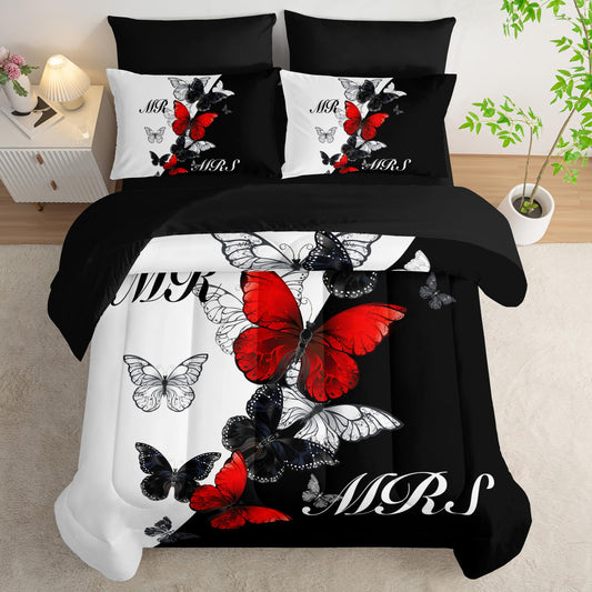 AILONEN Mr Mrs Black and White Comforter Set Queen - 7Pcs Soft Bed in a Bag -Red Black Butterfly Comforter,Fitted Sheet,Flat Sheet,2 Pillowcases,2 Pillow Shams for Room
