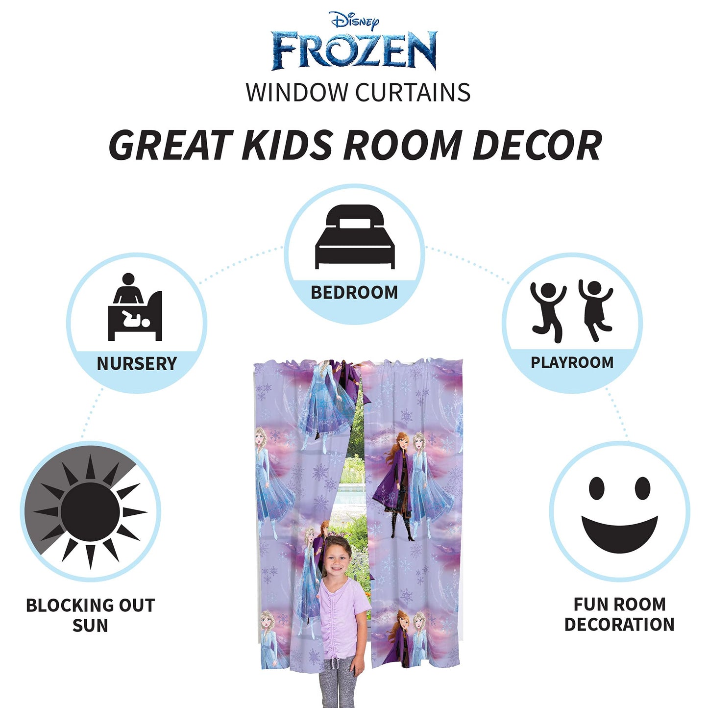Disney Frozen 2 Kids Room Window Curtains Drapes Set, 82 in x 63 in, "Official" Disney Product By Franco