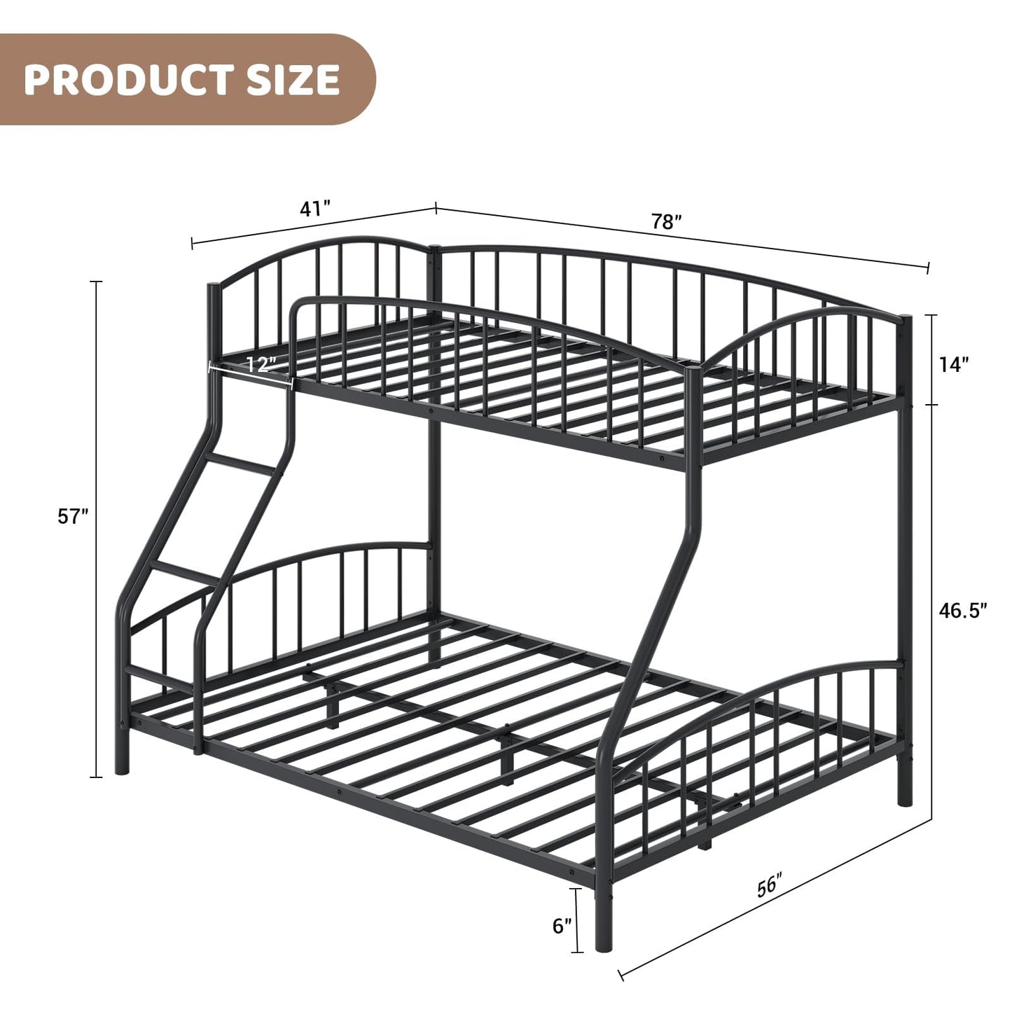 Garvee Bunk Bed Twin Over Full with Ladder and Arched Guardrail, Heavy Duty Bunkbeds Frame with Sturdy Steel Slats Support for Kids Boys Girls, Space-Saving, No Box Spring Needed, Black