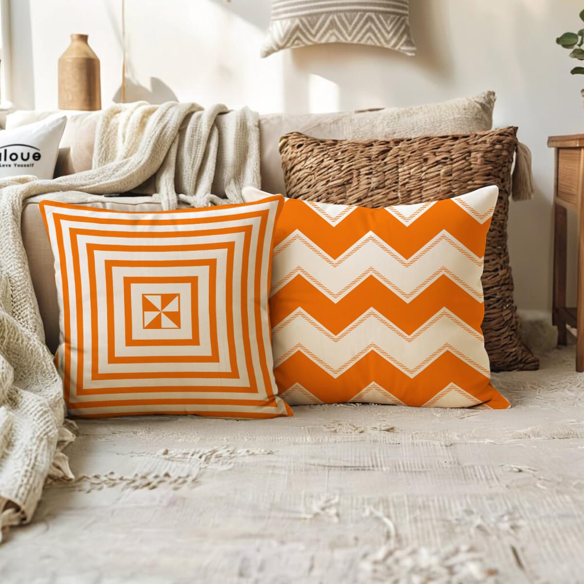 ULOVE LOVE YOURSELF Square Decorative Throw Pillows Cushion Covers Modern Geometry Print Home Pillowcases 18 X 18 Inch,4 Pack (Orange)