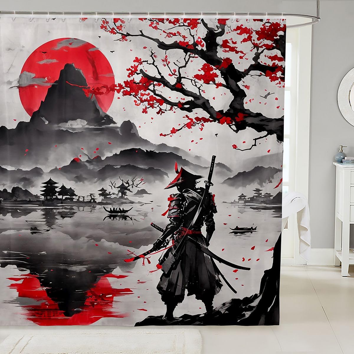jejeloiu Samurai Shower Curtain for Bathroom Decor Japanese Style Bath Curtain for Stalls Bathtubs Sunset Bathroom Accessories Waterproof Polyester Fabric with 12 Hooks 72"x72"