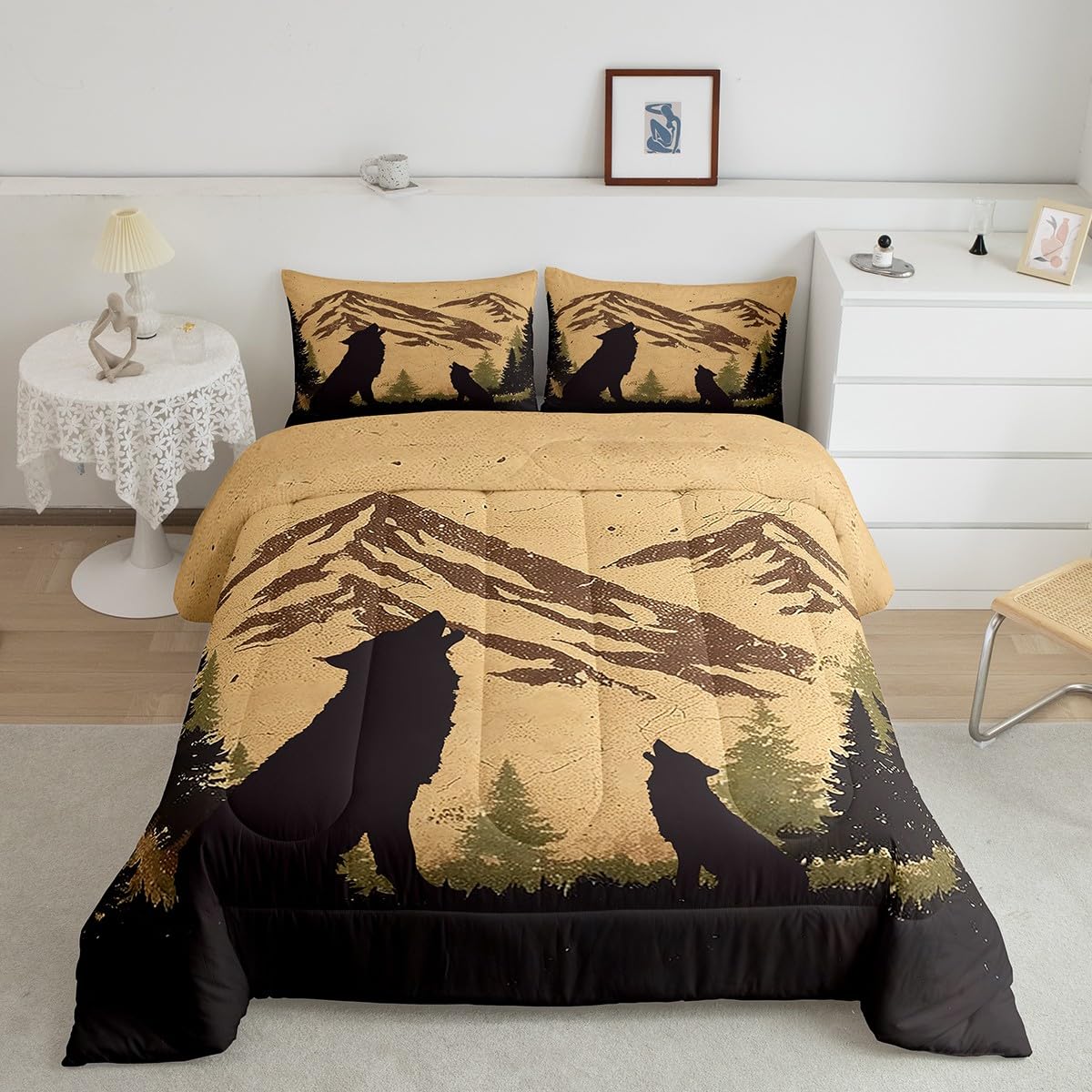 Howling Wolf Bedding Set Full Size,Hunting Wildlife Theme Comforter Set for Kids Boys Men Teens Room Decor,Retro Rustic Farmhouse Duvet Insert 3Pcs,Nature Animal Silhouette Quilt Set,2 Pillowcases