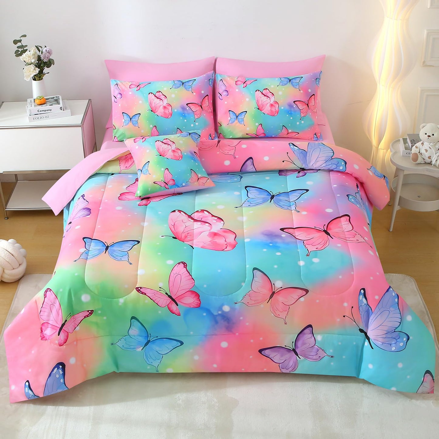 JQinHome 6 Pc Twin Rainbow Butterfly Comforter Set - 3D Butterfly Design Butterflies Bedding with Sheet Sets Bed in A Bag for Girls Kids Teens (Rainbow)