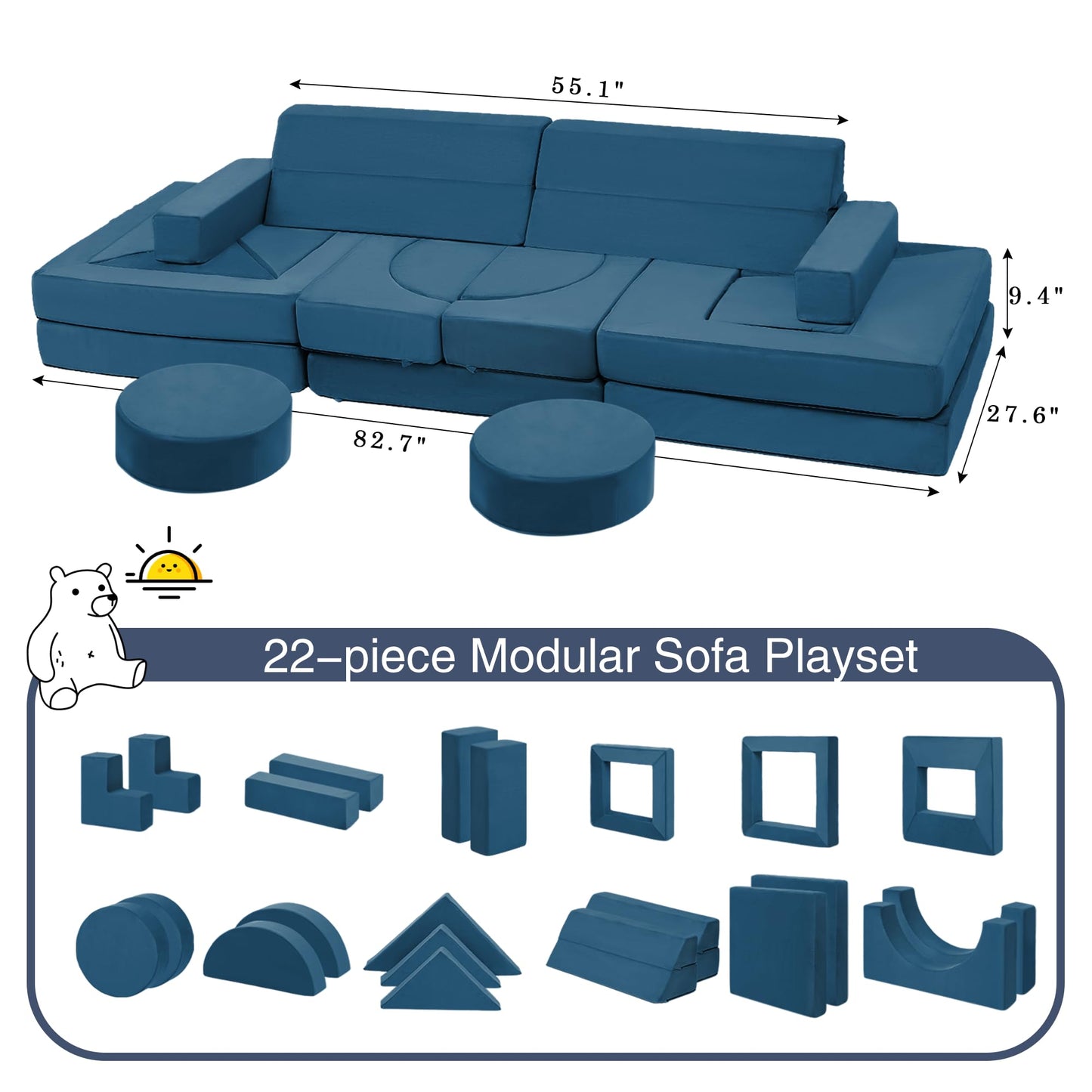 Edbuosy 22Pcs Modular Kids Play Couch - Kids Couch for Playroom Bedroom Living Rooms Toddler Sofa for Inspiring Child Creativity，Children Convertible Foam Sofa