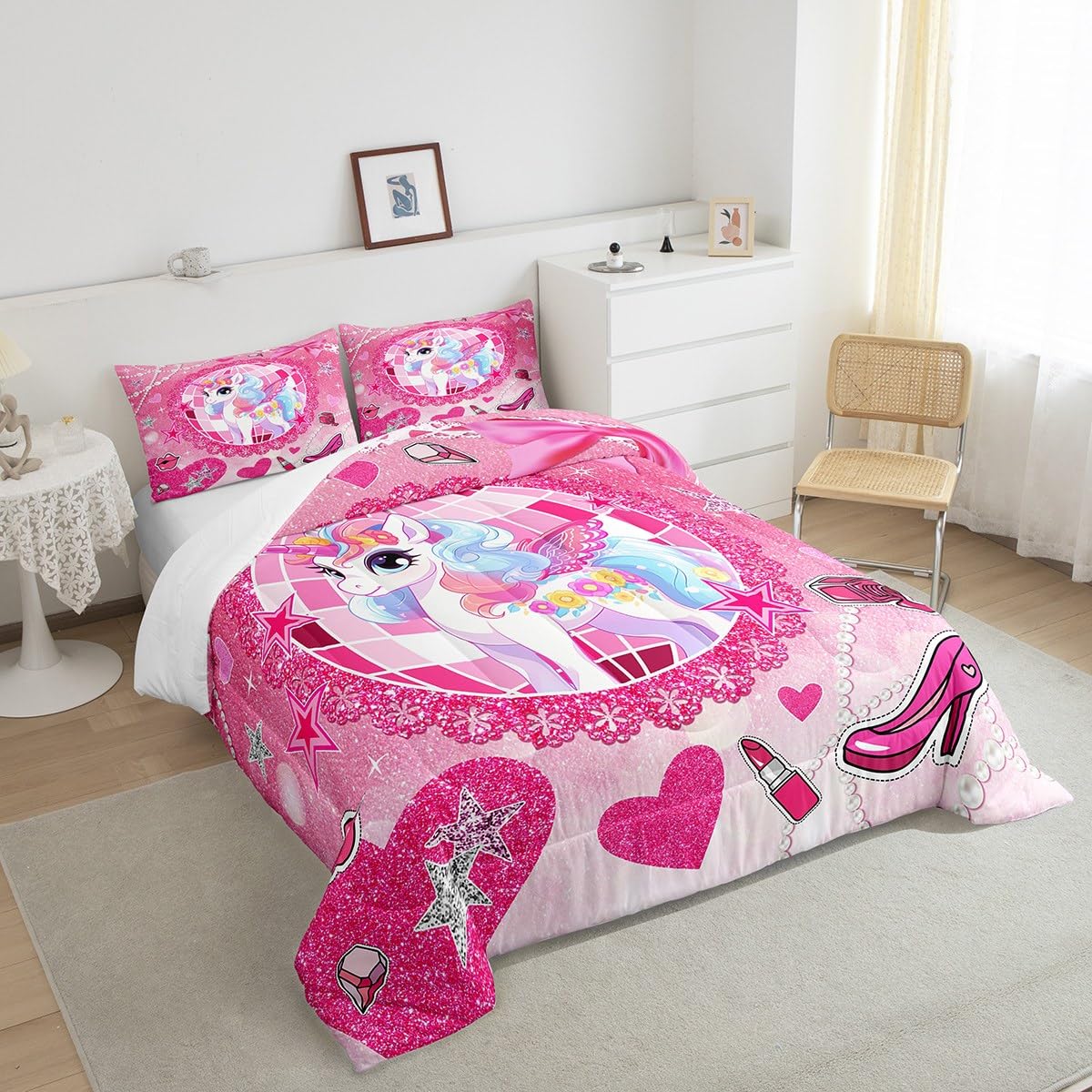 Cartoon Unicorn Kids Comforter Set Queen Size,Bowknot High-heeled Shoes Lip Romantic Bedding Set,Girls Women Room Decor,Stars Sparkling Princess Down Comforter,Pink Cute Duvet Insert,2 Pillowcases