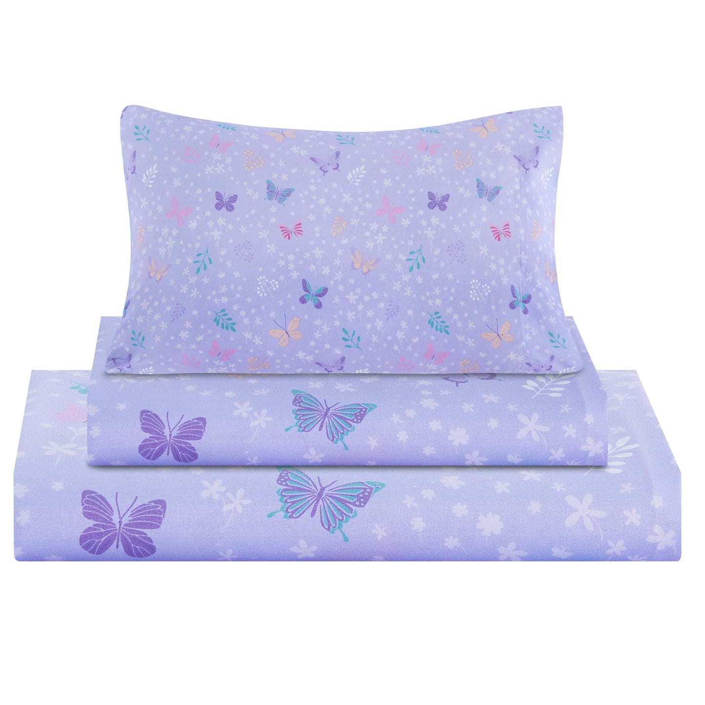 Viviland 3 Pieces Girls Light Purple Twin Sheet Set - Soft Microfiber Fitted Flat Sheets & Pillowcase - Butterfly Floral Printed Bedding Sets - for Kids & Toddlers