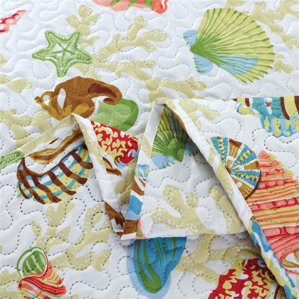 Quilt Set King Size Beach Bedding King Bedspread Coverlet Coastal Ocean Quilt Summer Lightweight Bedspread Beach Quilt Bed Spread Starfish Conch Decor Soft Home Reversible Bedding