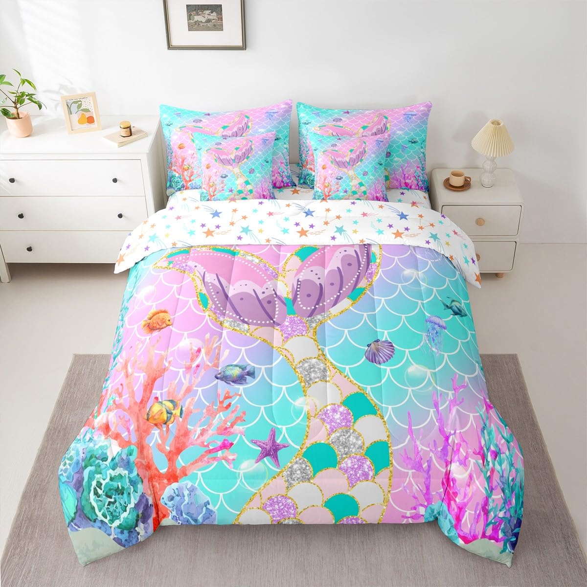 Mermaid Tail Bed in a Bag Queen Comforter Set 7-Piece | Fish Scales Girls Bedding Sets Girly Ombre Rainbow Comforter and Sheet Set,Teal Sequins Pastel Pink Paillette Ocean Life Sea Animal Room Decor