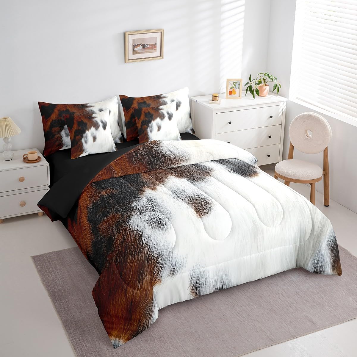 Erosebridal Cowhide Teens Comforter Set 7 Piece Western Cow Print Bedding Set King Size Bull Cattle Skin Bed in A Bag for Kids Boys Adult Bedroom Farmhouse Animal Hair Sheets