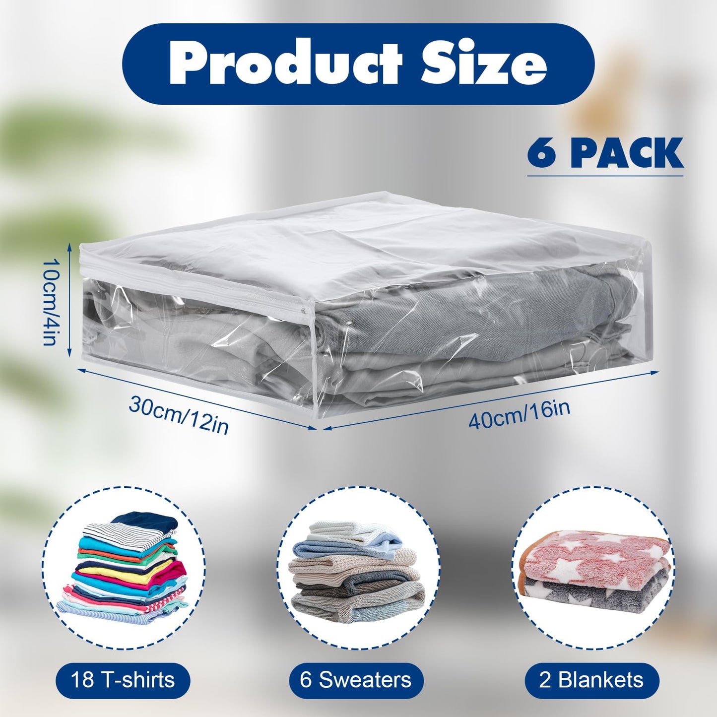 mekueeex 6 Pcs Clear Zippered Sweater Storage Bags with Zipper Plastic Sheet Organizer and Storage for Clothing Blankets Sheet Linen Bed Pillow Cube Organizer(16 x 12 x 4 Inch)