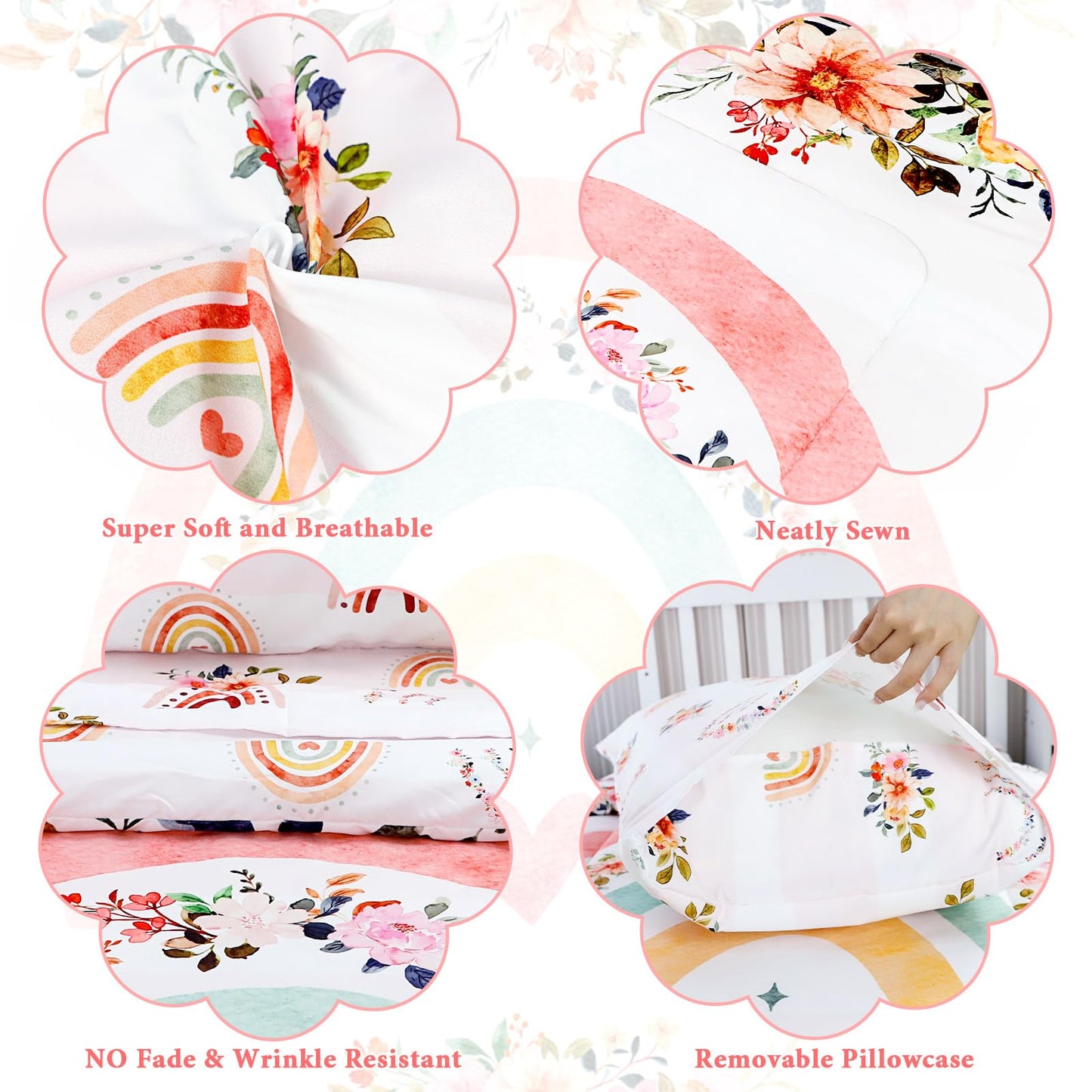 Toddler Bedding Sets for Girls, Rainbow Toddler Crib Bedding Set 4 Piece Pink Floral Toddler Comforter Set Includes Flat Top Sheet, Fitted Sheet, Comforter, Envelope Pillowcase, Soft & Comfort