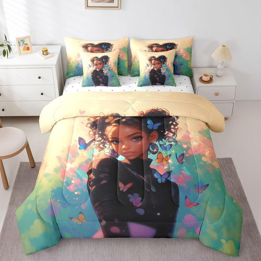 Castle Fairy American Style Girl Comforter Set 7 Pieces Twin Size,Butterfly Moth Bedding Set for Kids,Watercolor Tie Dye (Comforter+Fitted+Flat Sheet+2 Pillowcases+2 Throw Pillow Covers)