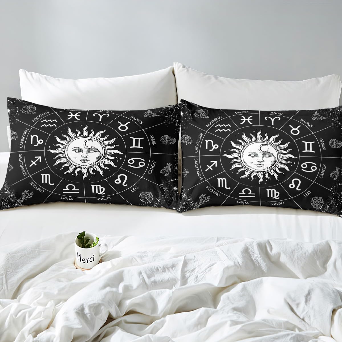 Manfei Sun and Moon Fitted Sheet Twin Size Twelve Constellations Zodiac Bedding Set 2pcs for Kids Boys Girls Bedroom Decor, Astrology Bed Cover Black and White Bed Sheets with 1 Pillowcase