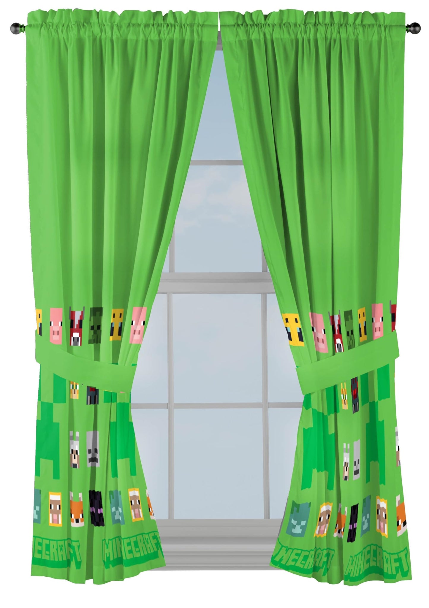 Sunny Side Up Window Curtains for Kids Bedroom 4-Piece Drape Set with 2 Tiebacks, Green - Minecraft, 42" W x 63" L (Pack of 2)