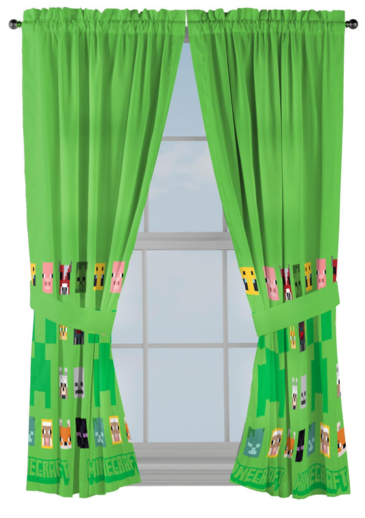 Sunny Side Up Window Curtains for Kids Bedroom 4-Piece Drape Set with 2 Tiebacks, Green - Minecraft, 42" W x 63" L (Pack of 2)