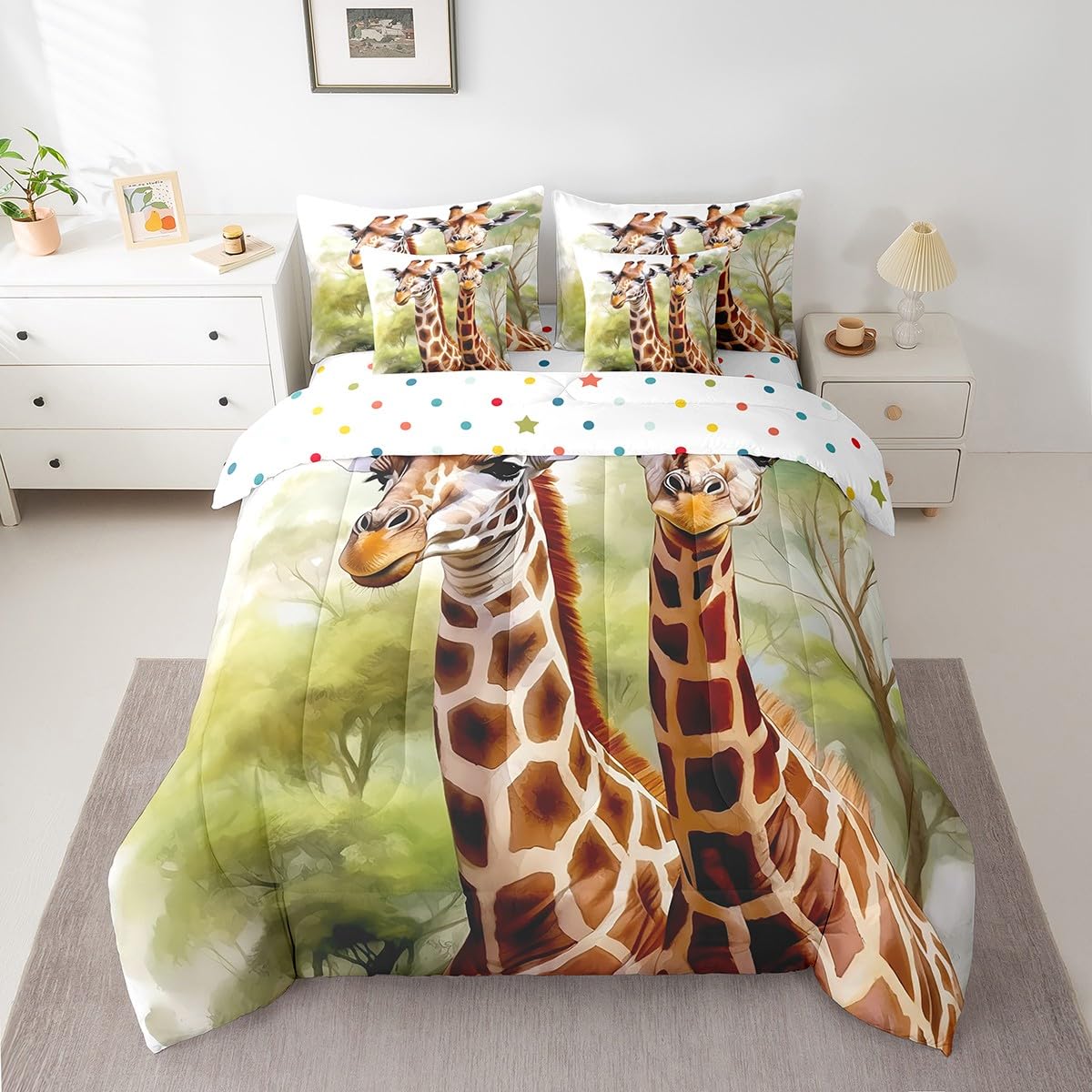 Erosebridal 7 Piece Giraffe Twin Comforter Set with Sheets,Cute Giraffe Bedding Set for Kids Girls Boys,Zoo Animal Print Bed Set,Wild Animals Safari Bed in a Bag with Fitted+Flat Sheet,Pillowcases