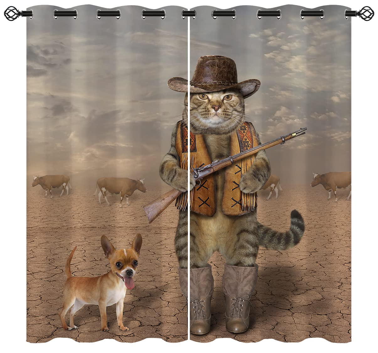 ONINUO Funny Cat Blackout Curtains for Girls Boy Home Decor, Cool Cowboy Cat Dog Cattle Animal Grommet Thermal Insulated Drapes Darkening Window Curtain for Bedroom Living Room, 42 x 45 Inch