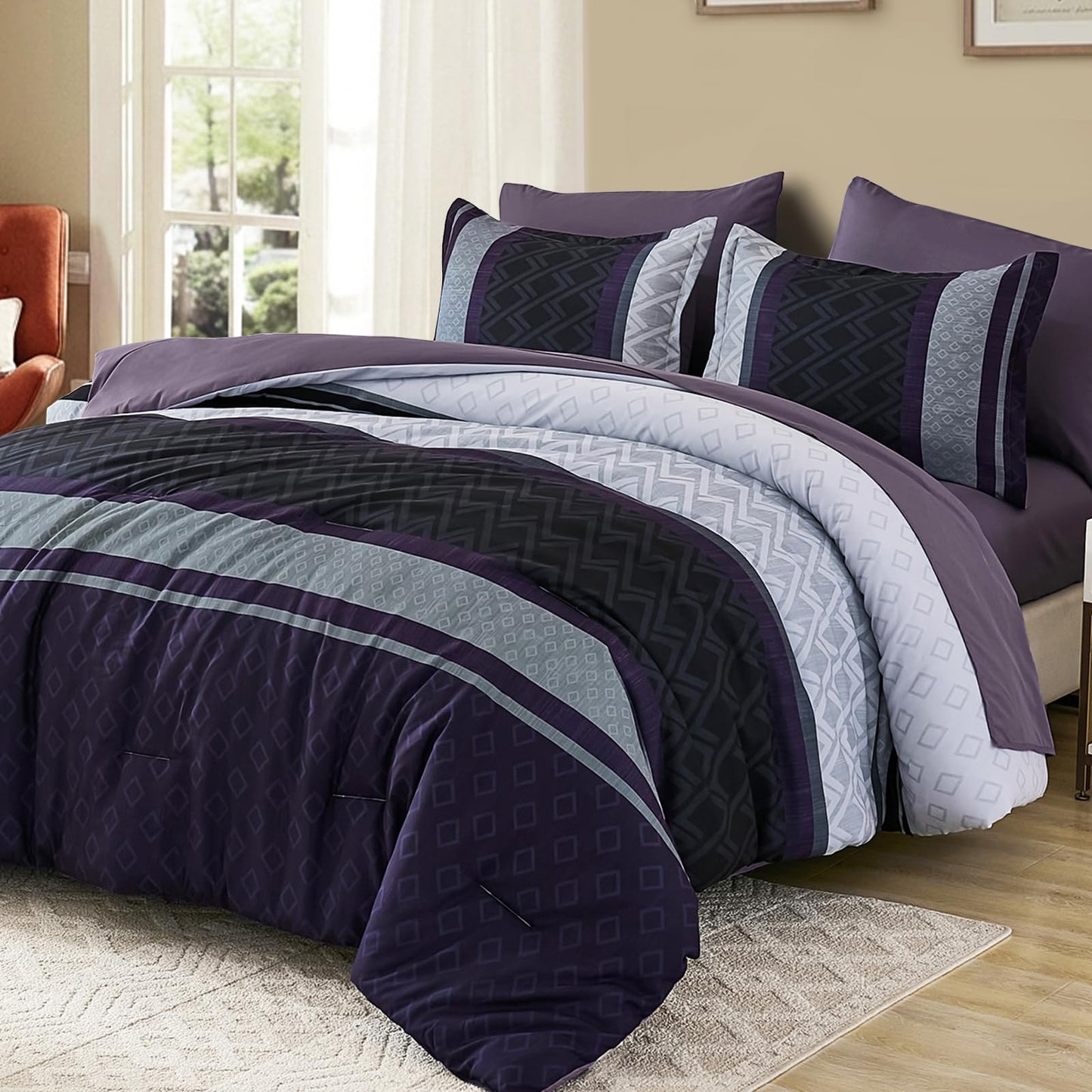 Cottolester Queen Comforter Set 7 Pieces,Black Purple Boho Striped Bed in a Bag,Soft Microfiber Complete Bedding Sets