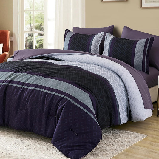 Cottolester Queen Comforter Set 7 Pieces,Black Purple Boho Striped Bed in a Bag,Soft Microfiber Complete Bedding Sets