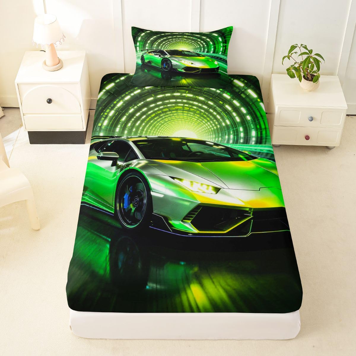 Feelyou Boys Race Car Fitted Sheet with 1 Pillowcase Twin Size Speed Sports Bed Sheets Set 16" Deep Pocket Boys Girls Racing Extreme Sports Bedding Teens Bedroom Decor Breathable Soft Lightweight