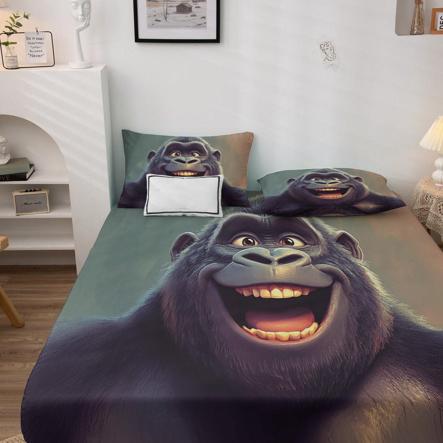 NOGAWA Gorilla Sheets Queen, Chimpanzee Bed Sheets, Fun Wild Animal Bedding Sheets, Soft Microfiber Deep Pocket Fitted Sheet & Flat Sheet & 2 Pillowcases