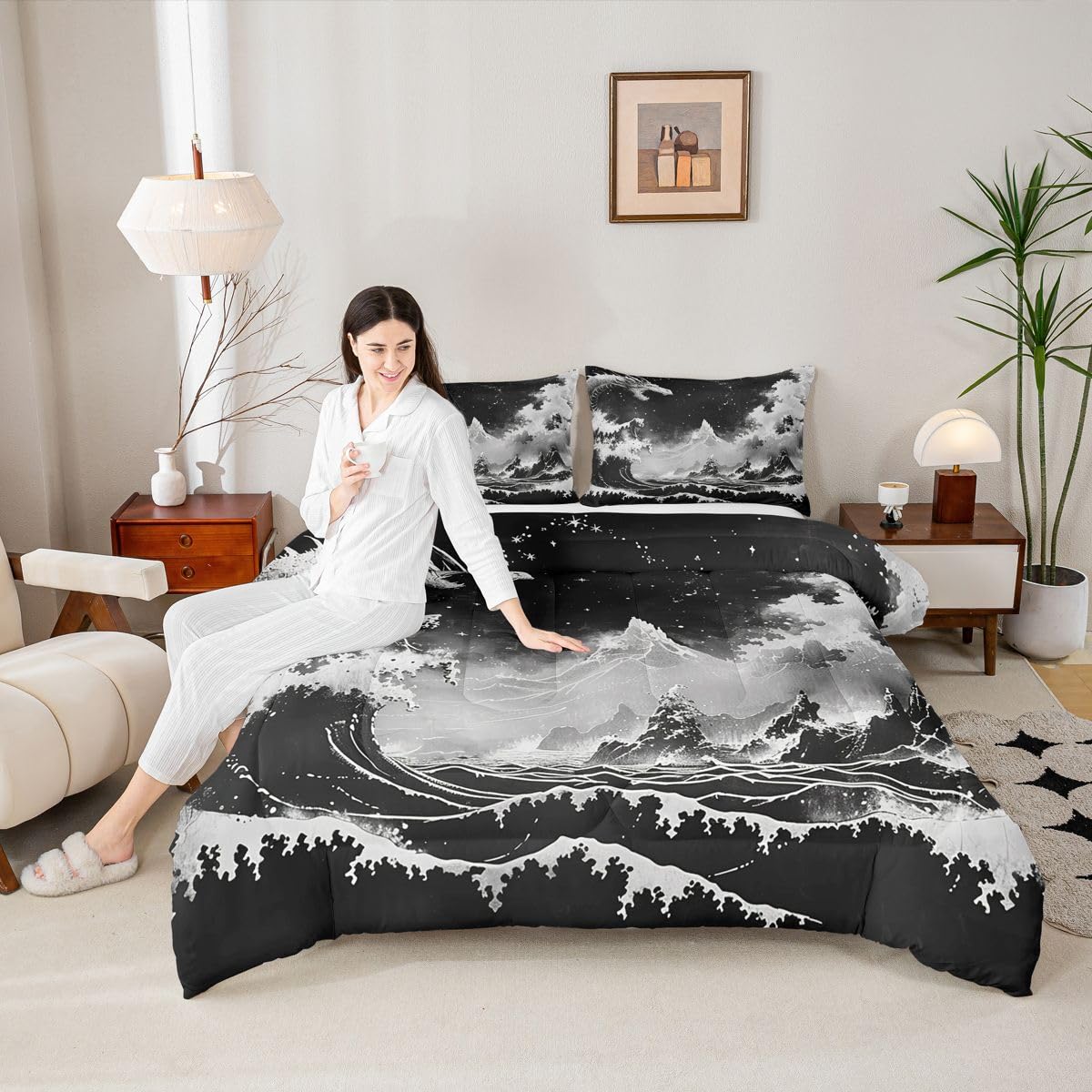 jejeloiu Black and White Wave Comforter Set Queen Size Japanese Style Bedding Set for Kids Boys Girls Ocean Wave Duvet Quilt Abstract Bedroom Decor Microfiber 3 Pcs with 2 Pillow Cases
