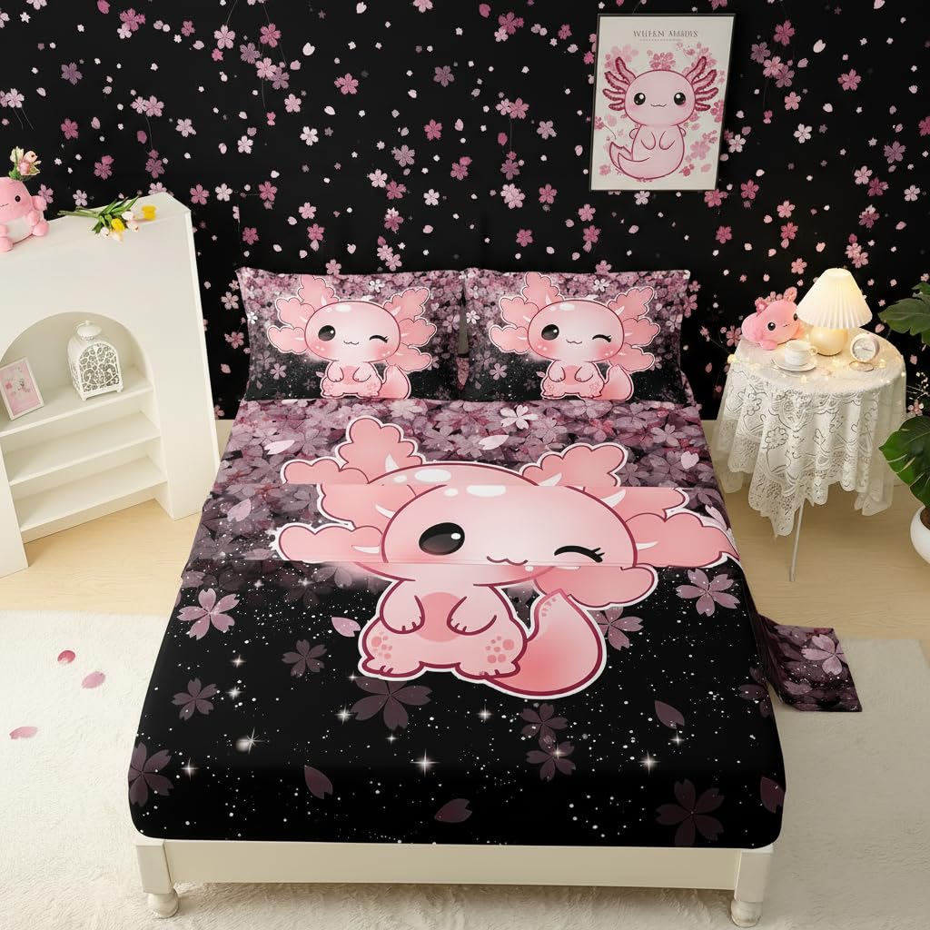 QOOMO Kawaii Axolotl Bedding for Boys and Girls Pink Cherry Blossom Super Soft Kids Bedding Set Sparkling Stars Breathable Room Decoration Twin Size 1 Fitted Sheet, 1 Flat Sheet, 2 Pillow Cases