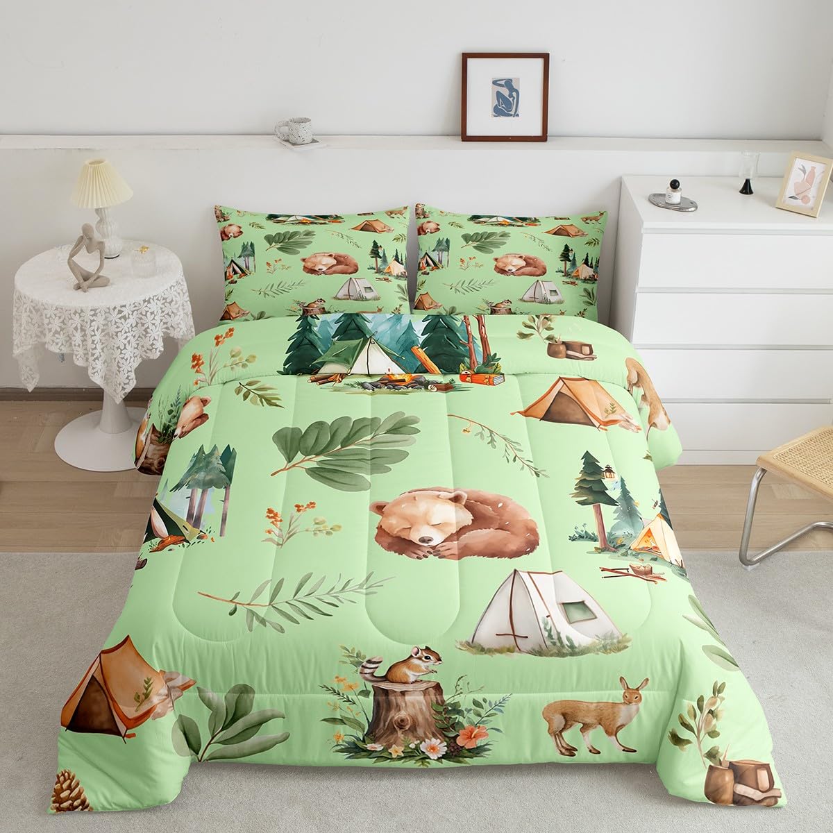 Camper Tent Comforter Set Queen Size Camping and Hunting Adventure Bedding Set,Bear Deer Squirrel Pine Tree Print Quilt Set Girls Boys Adults Room Decor,Wild Animals Plants Duvet Insert,2 Pillowcases