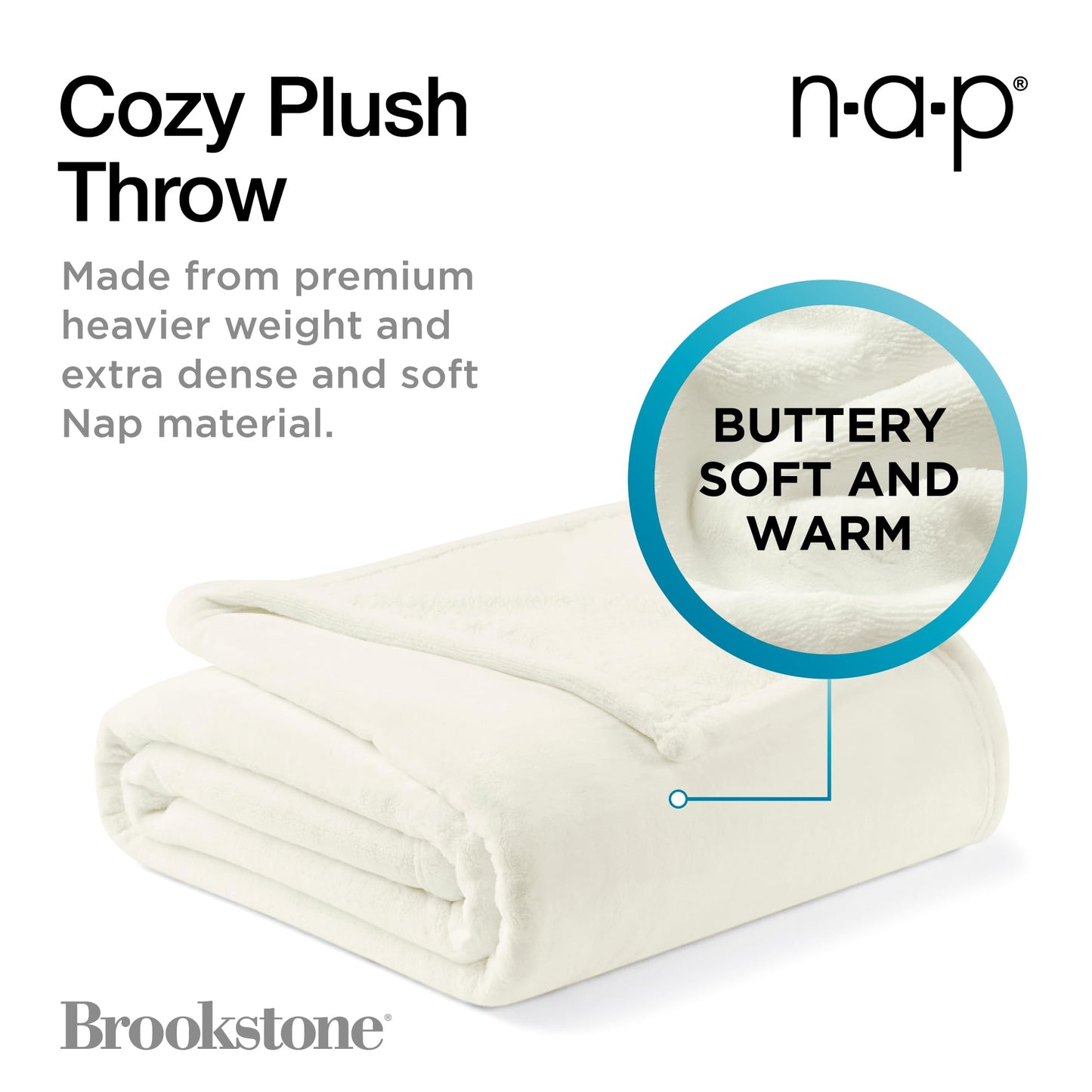 Brookstone Nap Plush Throw Blanket for Couch | Warm & Super Soft Blanket with Unmatched Heavy, Dense, and Ultra-Comfy Throw | Luxurious Drape, Cozying Up on a Sofa, Chair | Ivory