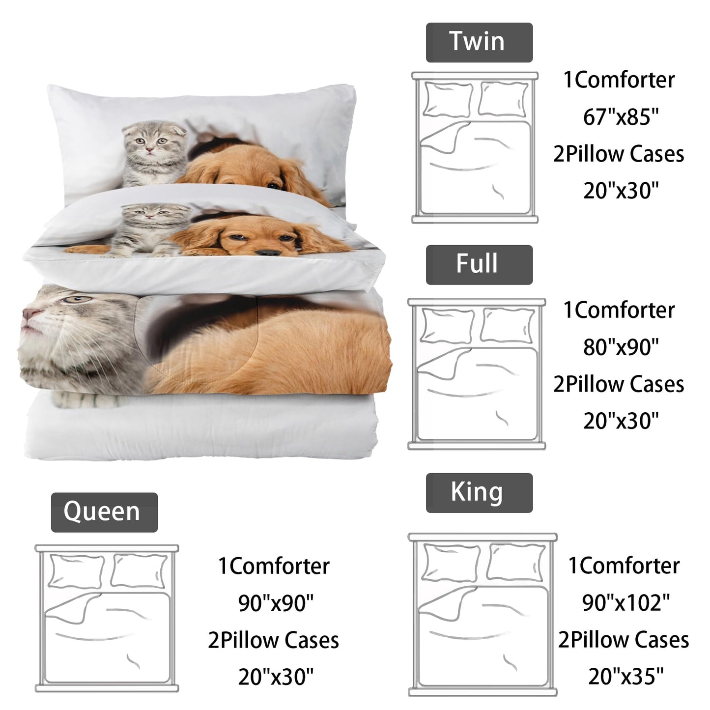 Nttopship Kids Cute 3D Dog Comforter Set 3 Piece Cat and Golden Retriever Bedding Set Twin Size for Kids Cute Pet Bedding Bed in A Bag Bed,Pet Room Decor Comforter with 2 Pillowcases
