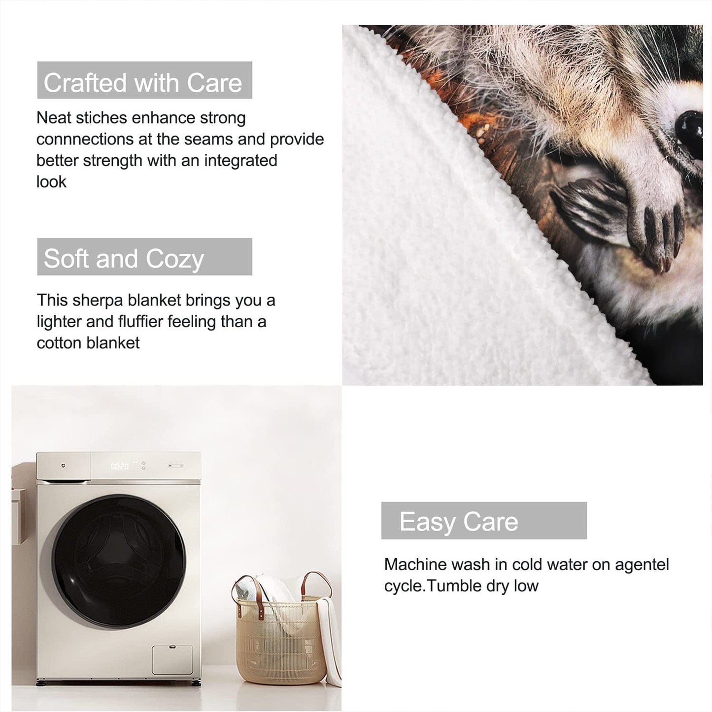 XSMEI Raccoon Sherpa Blanket, Animal Print Fleece Throw Blankets for Couch Sofa Bed, Super Soft Warm and Lightweight, 50" x 60"