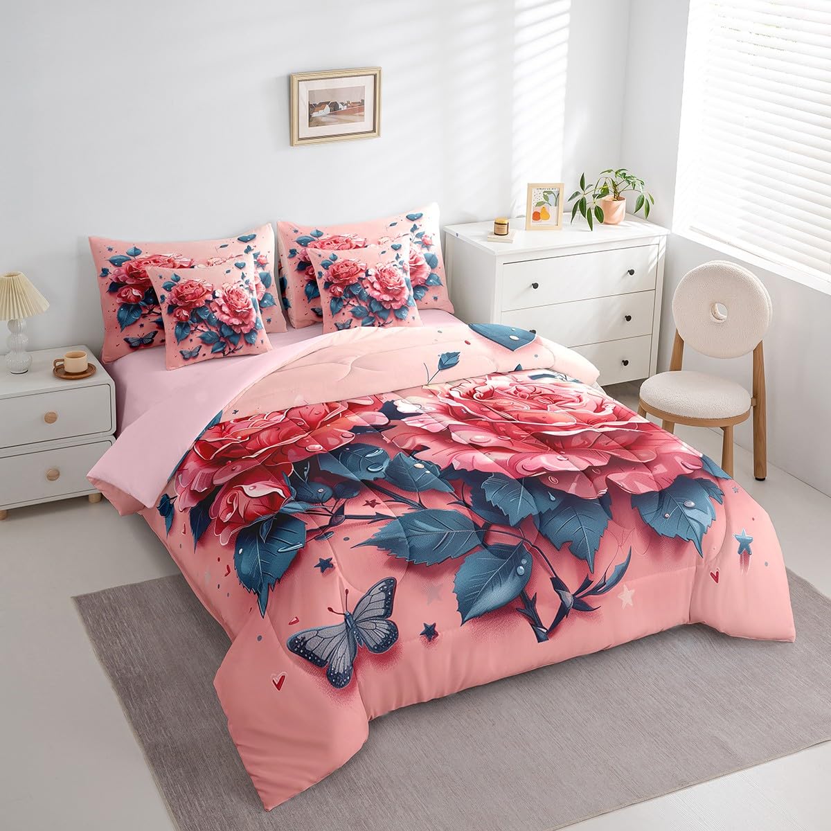 Feelyou Kids Rose Bed in A Bag Queen Size, Valentine's Day 7 Pieces Bedding Set Boys Girls Rose Floral Flower Comforter Set with Sheets Romantic Teens Bed Set Bedroom Decor 7Pcs