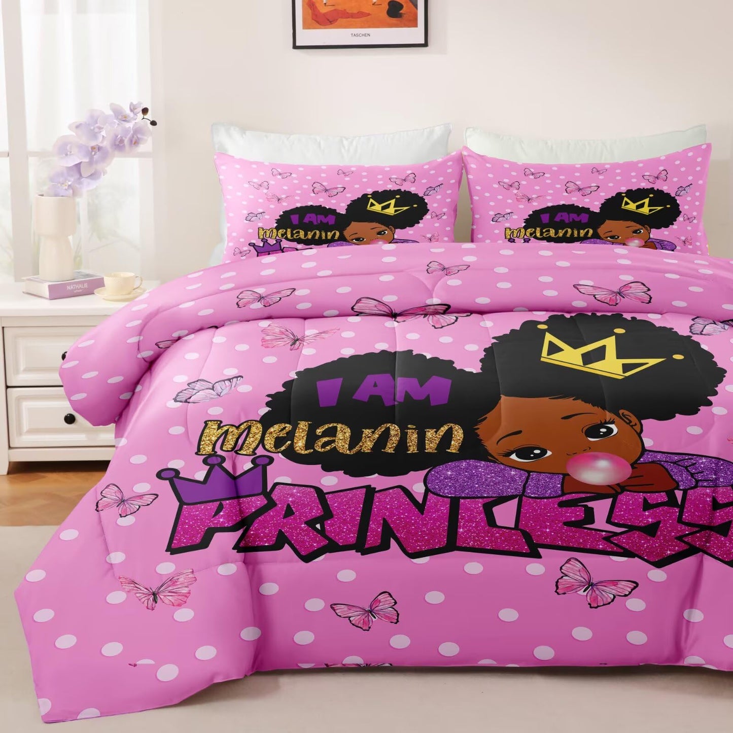 GRAT TIOC Little Black Girl Comforter Sets Twin Size,Black Girl Magic Bedding Set,Cute Little Princess Comforter Set for Kids Melanin Bedroom Bed Sets