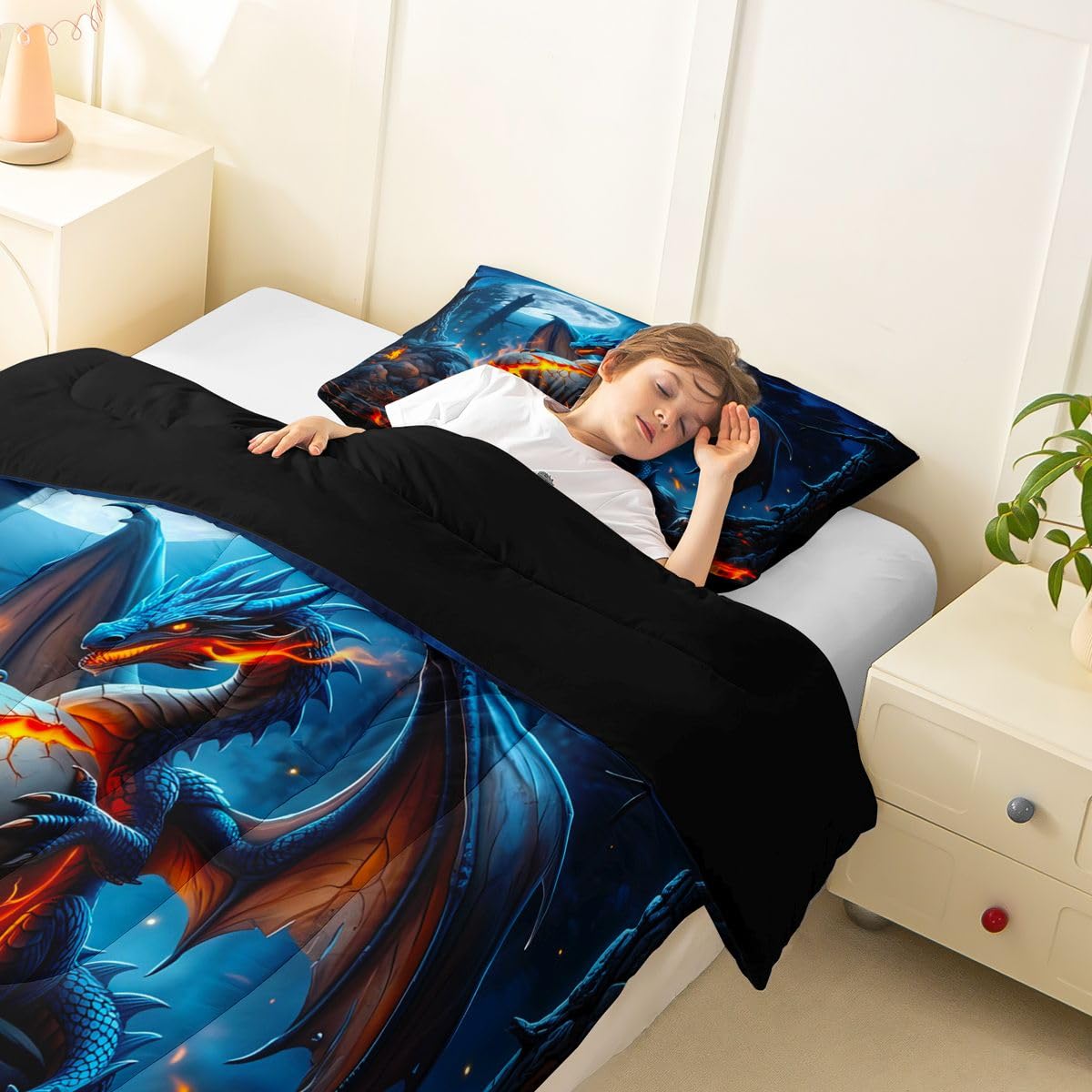 Feelyou Blue Black Dragon Bedding Set Soft for Boys Girls, Wild Animal Comforter Set Twin Size Mysterious Dragon Egg Duvet Quilt Microfiber Gothic Magic Bedroom Decor 2 Pcs with 1 Pillow Cases